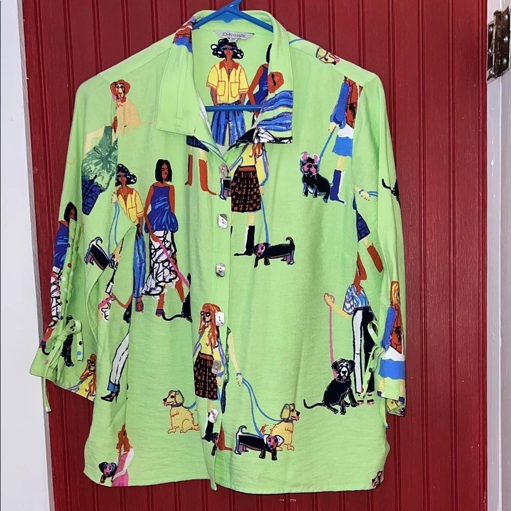 John Mark Green Button Down Shirt with Colorful Dog Print PS